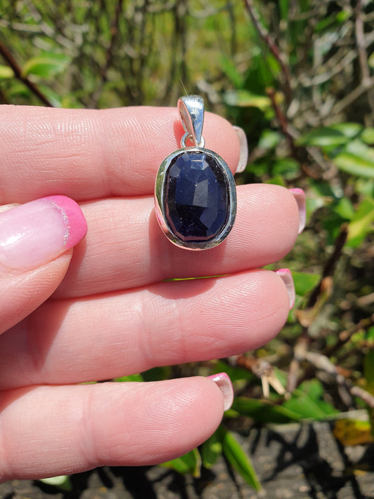 Blue Sapphire | Rose Cut Sterling Silver Pendant A