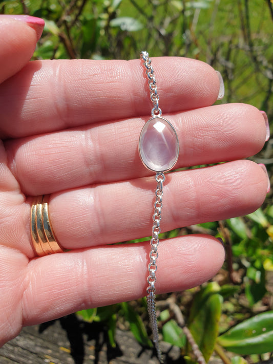 Rose Quartz | Rose Cut Adjustable Sterling Silver Bracelet C