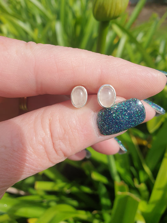 Rose Quartz | Polished Sterling Silver Stud Earrings Oval 8mm