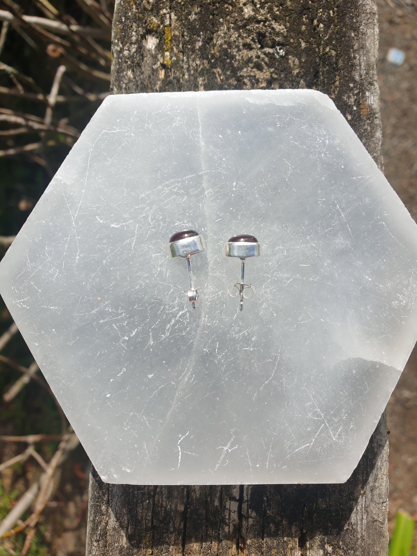 Garnet | Polished Sterling Silver Stud Earrings Oval 8mm