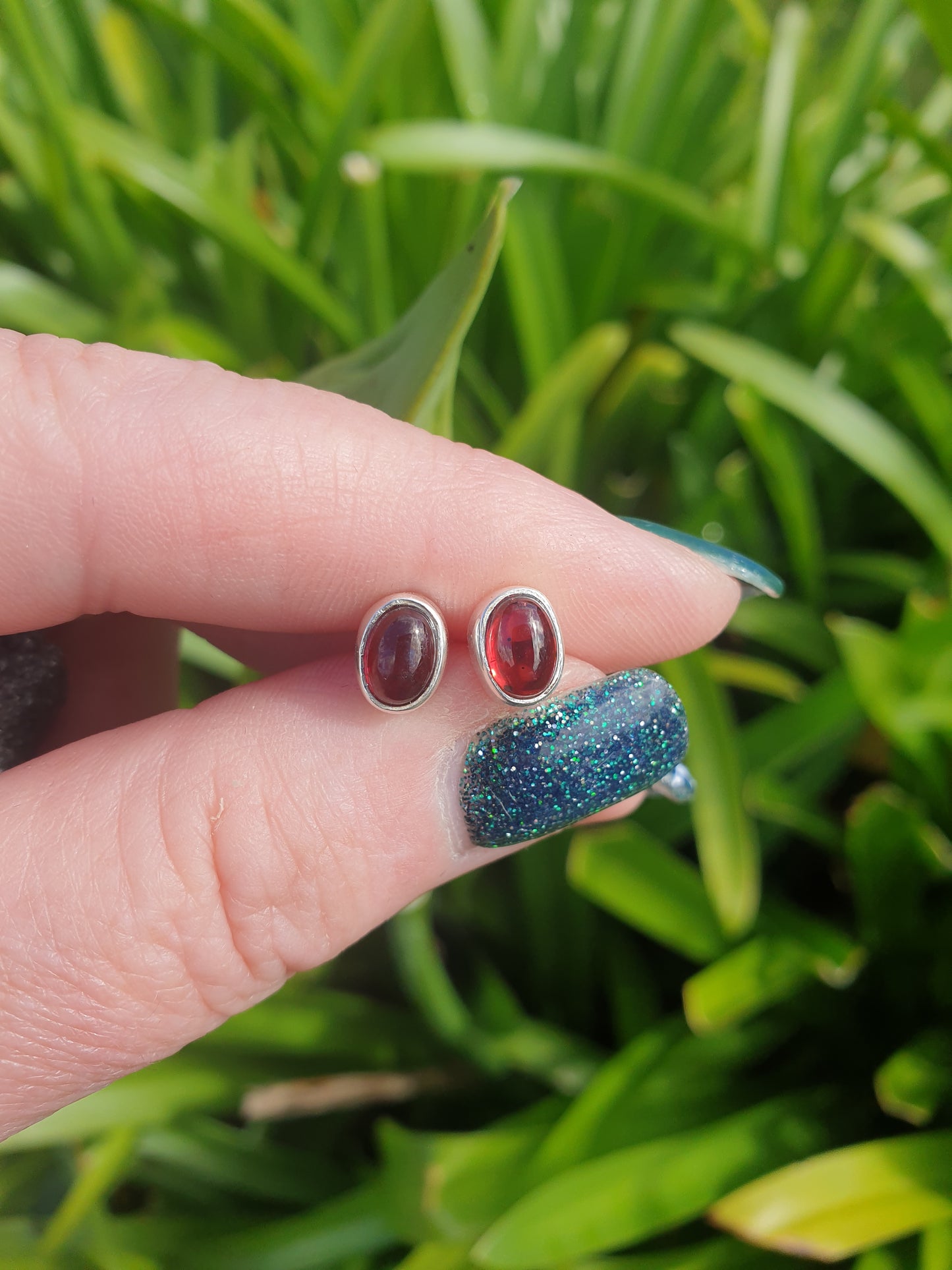 Garnet | Polished Sterling Silver Stud Earrings Oval 8mm