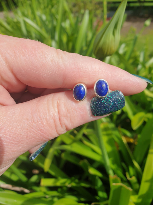 Lapis Lazuli | Polished Sterling Silver Stud Earrings Oval 10mm