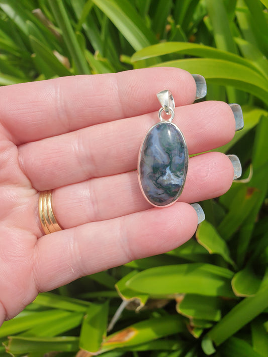 Moss Agate | Polished Sterling Silver Pendant C