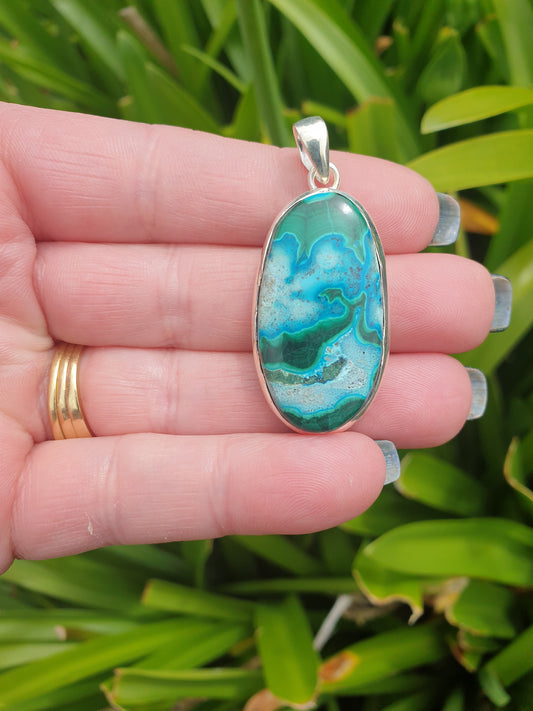 Malachite & Chrysocolla | Polished Sterling Silver Pendant A