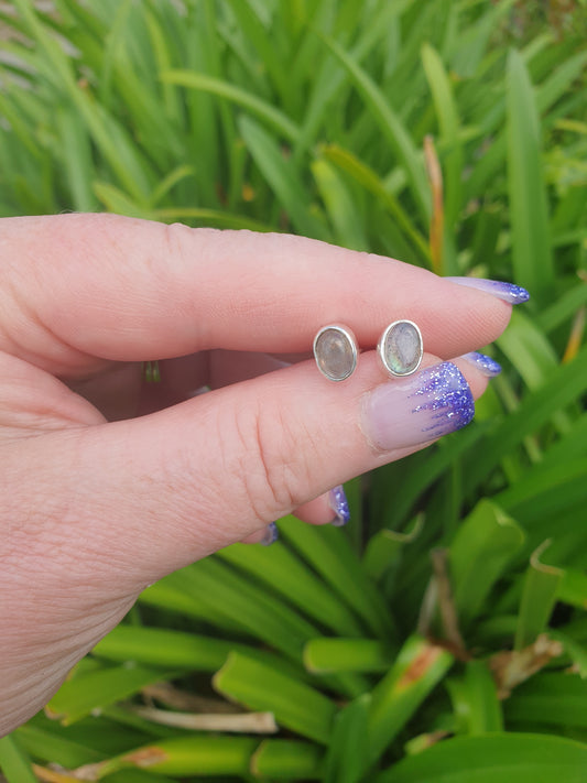 Labradorite | Polished Sterling Silver Stud Earrings Oval 8mm