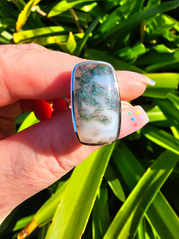 Moss Agate | Polished Sterling Silver Adjustable Ring B
