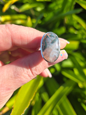 Moss Agate | Polished Sterling Silver Adjustable Ring C
