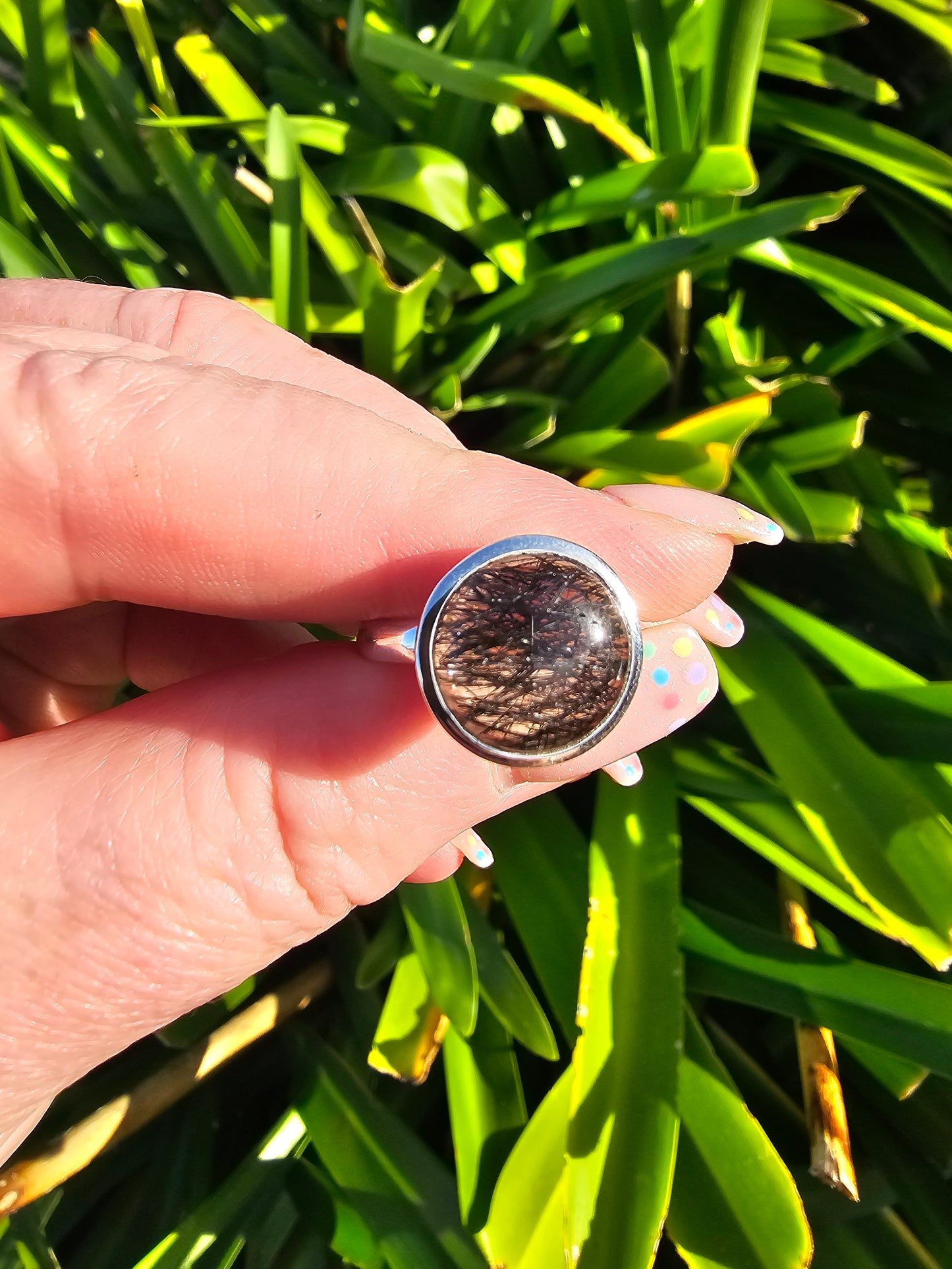 Black Rutile Quartz | Polished Sterling Silver Adjustable Ring B