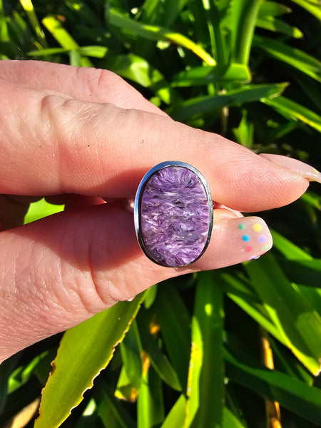 Charoite | Polished Sterling Silver Adjustable Ring B