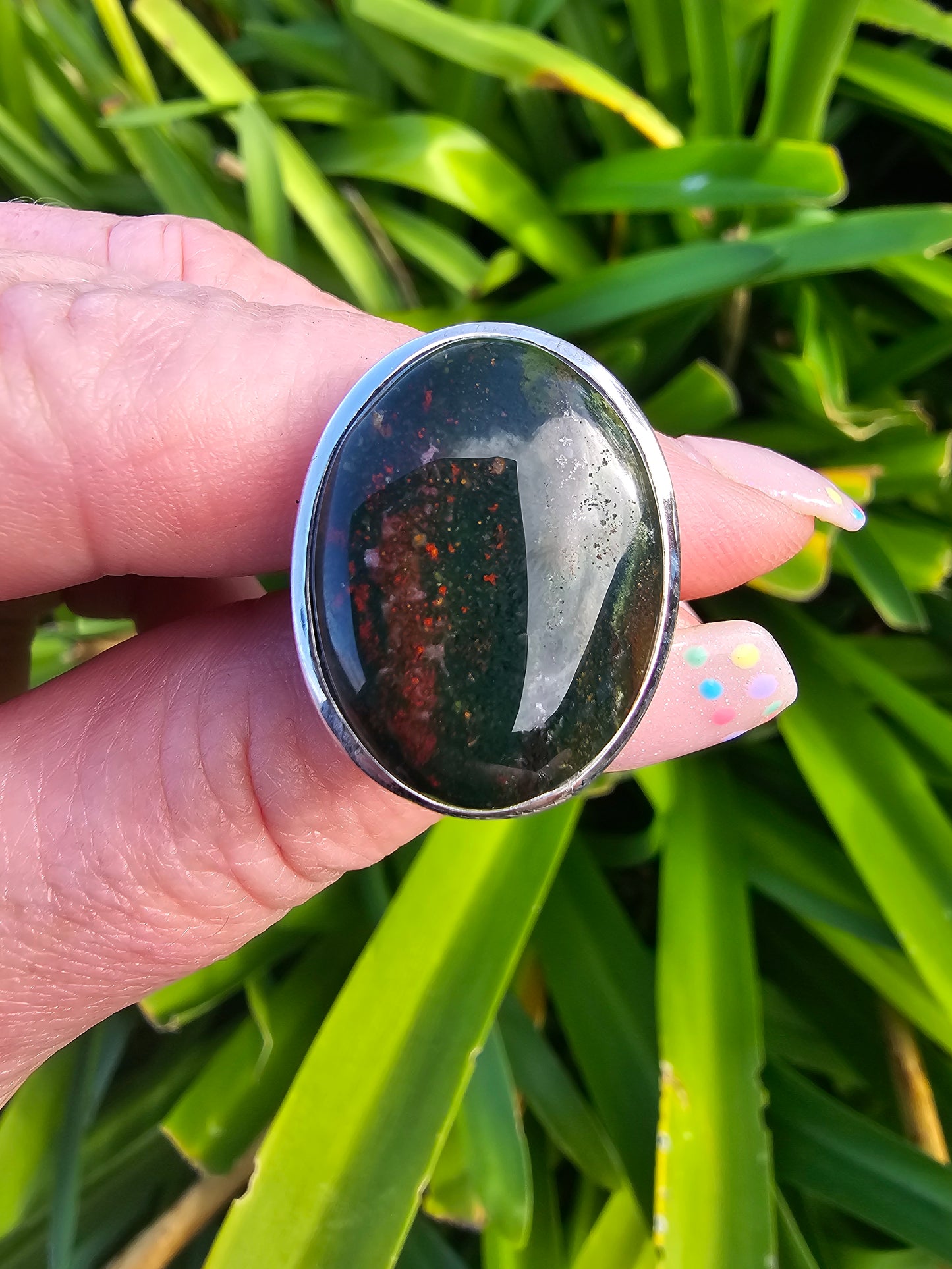 Bloodstone | Polished Sterling Silver Adjustable Ring B