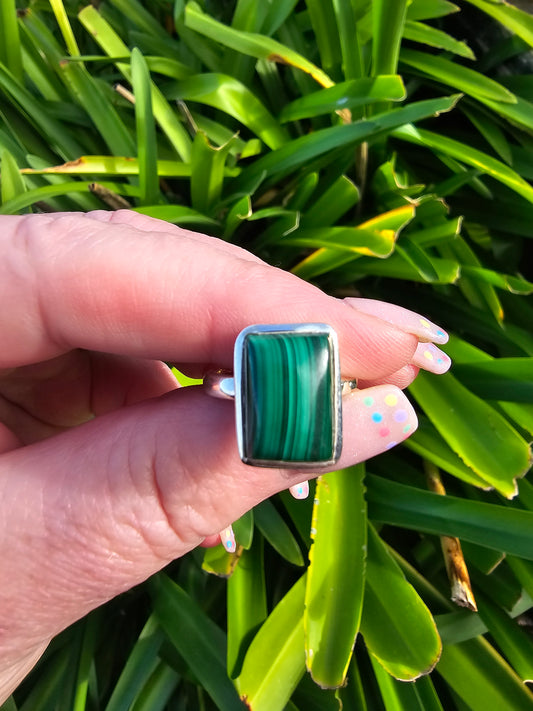 Malachite | Polished Adjustable Sterling Silver Ring B