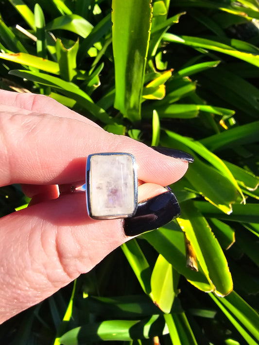 Rainbow Moonstone | Faceted Sterling Silver Adjustable Ring B