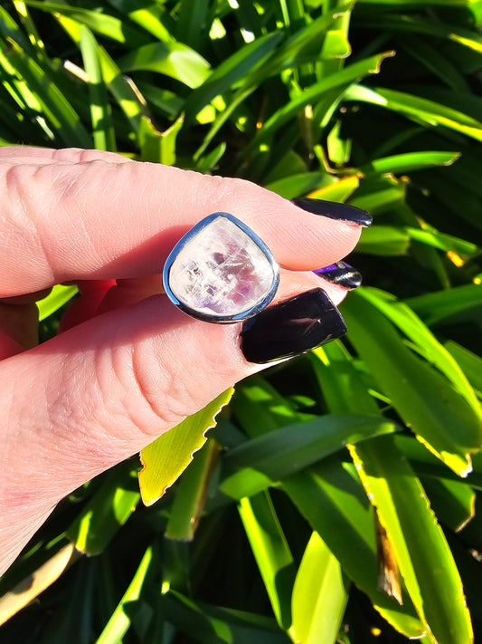 Rainbow Moonstone | Rose Cut Sterling Silver Adjustable Ring C