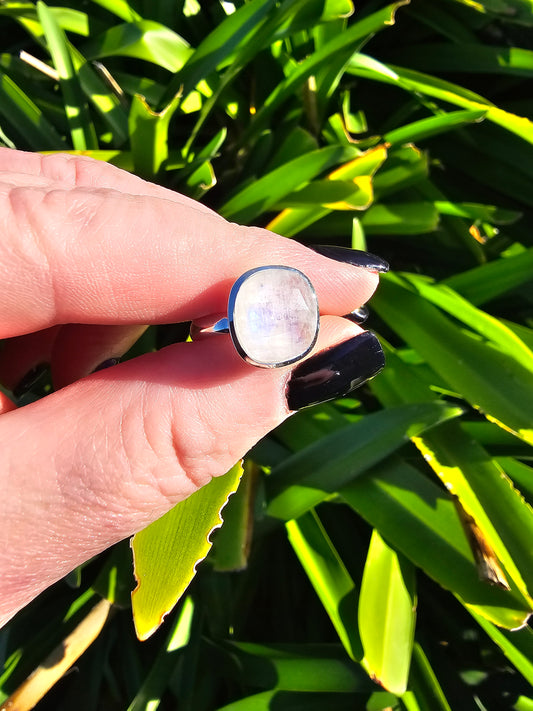 Rainbow Moonstone | Rose Cut Sterling Silver Adjustable Ring D