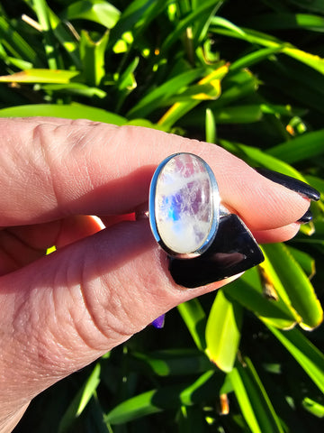 Rainbow Moonstone | Polished Sterling Silver Adjustable Ring F