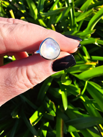 Rainbow Moonstone | Polished Sterling Silver Adjustable Ring G