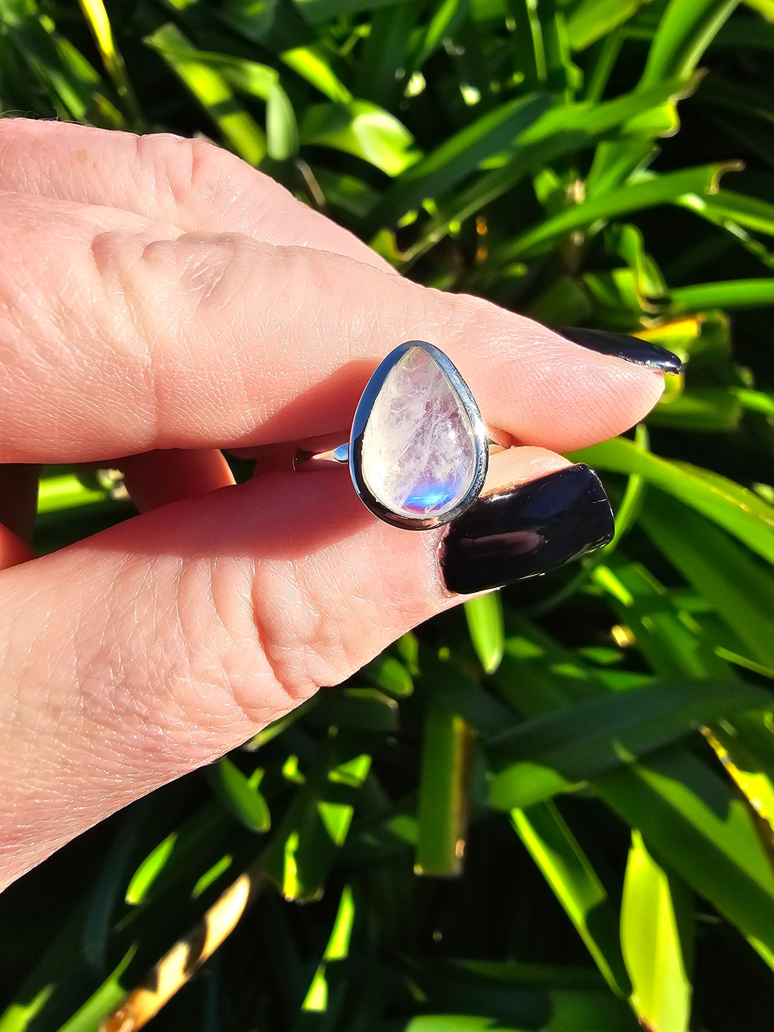 Rainbow Moonstone | Polished Sterling Silver Adjustable Ring H