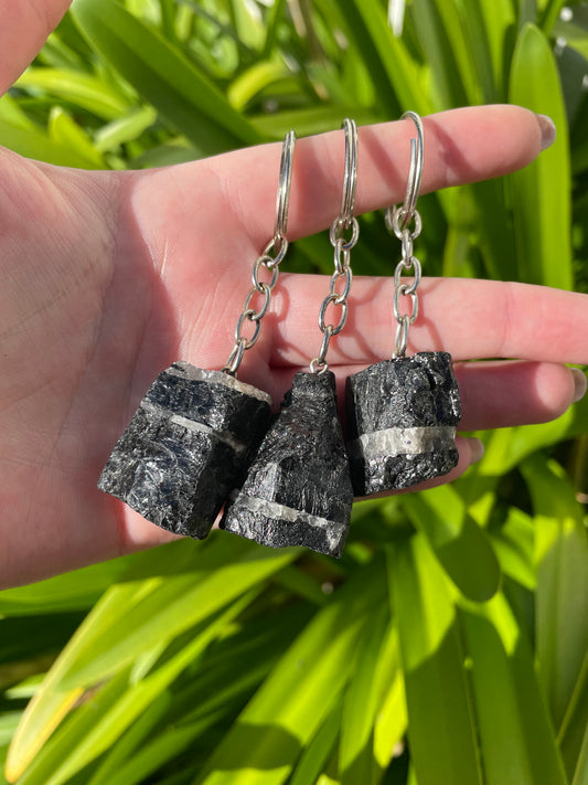 Black Tourmaline Rough Crystal Keyring