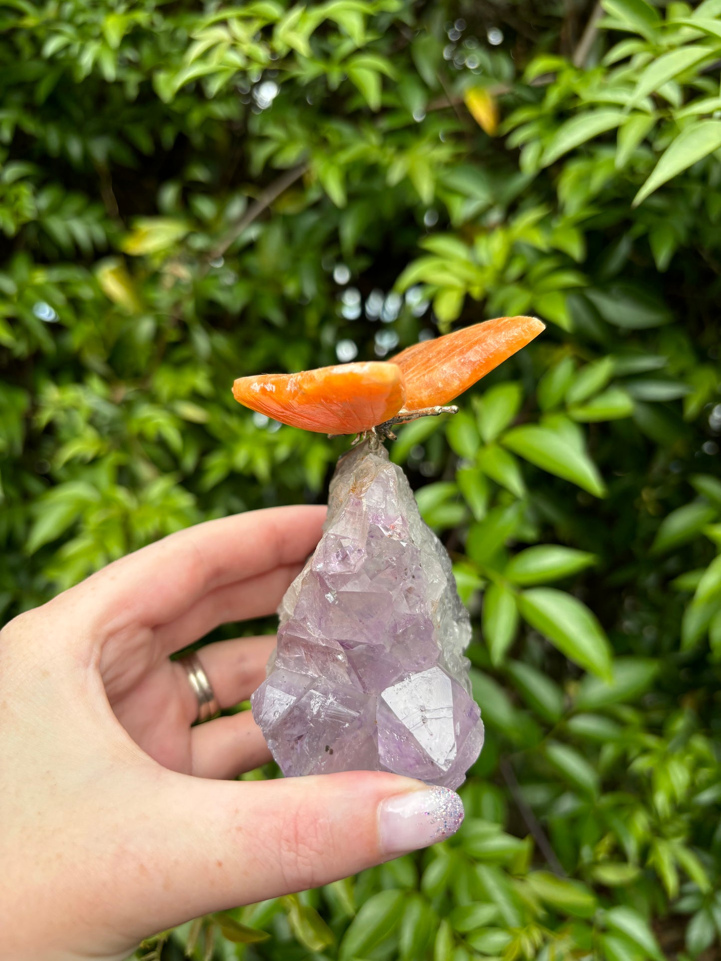 Orange Calcite Butterfly On Amethyst Druze Base