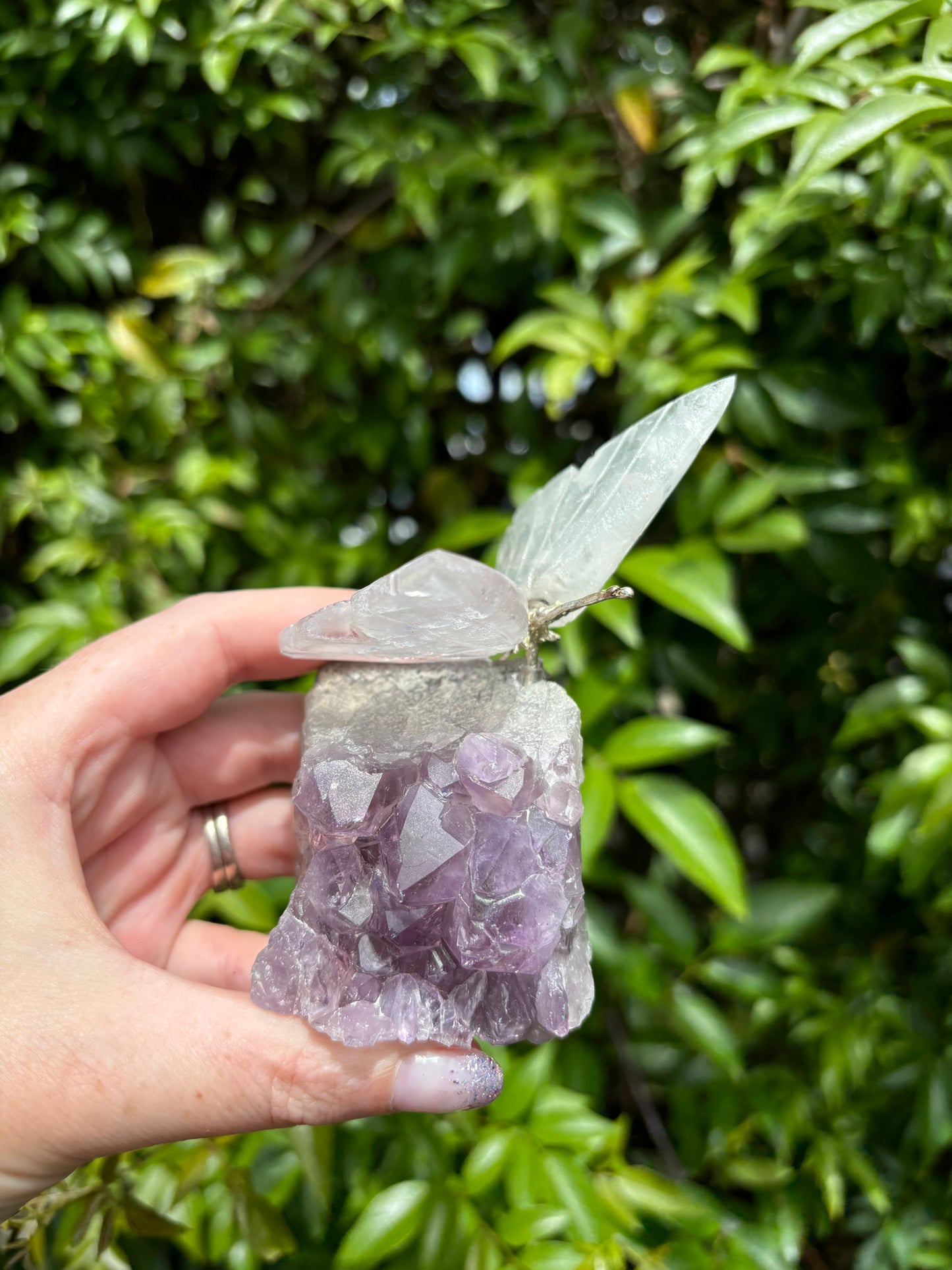 Clear Quartz Butterfly On Amethyst Druze Base