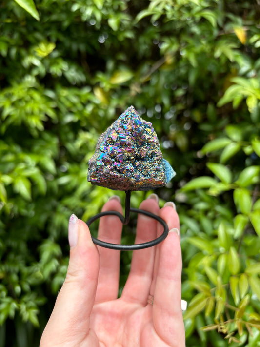 Titanium Aura Quartz Cluster On Metal Stand B