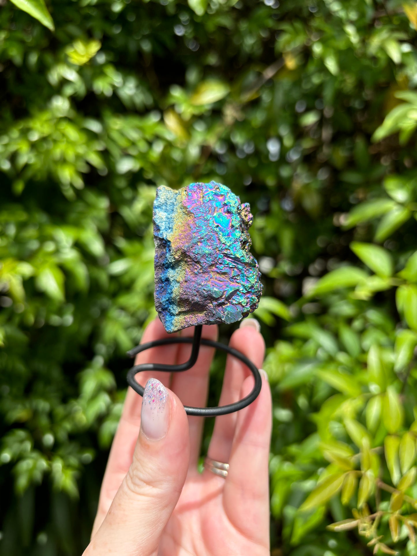 Titanium Aura Quartz Cluster On Metal Stand B