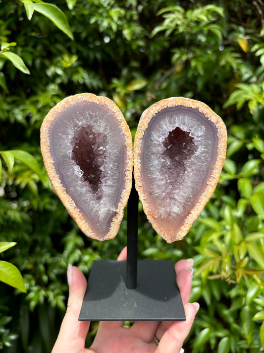 Agate Geode Angel Wings On Metal Stand B