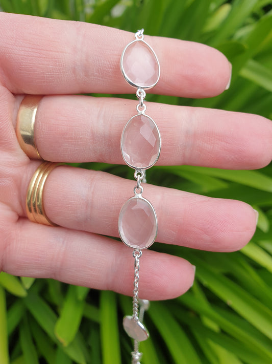 Rose Quartz | Rose Cut Sterling Silver Necklace 100 cm